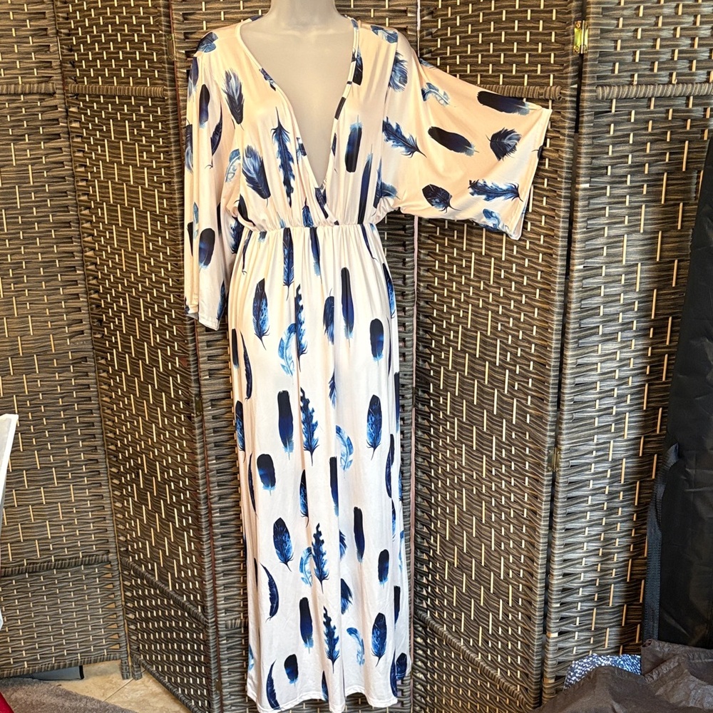 Boho Feather Print White Maxi Dress with Blue Accents